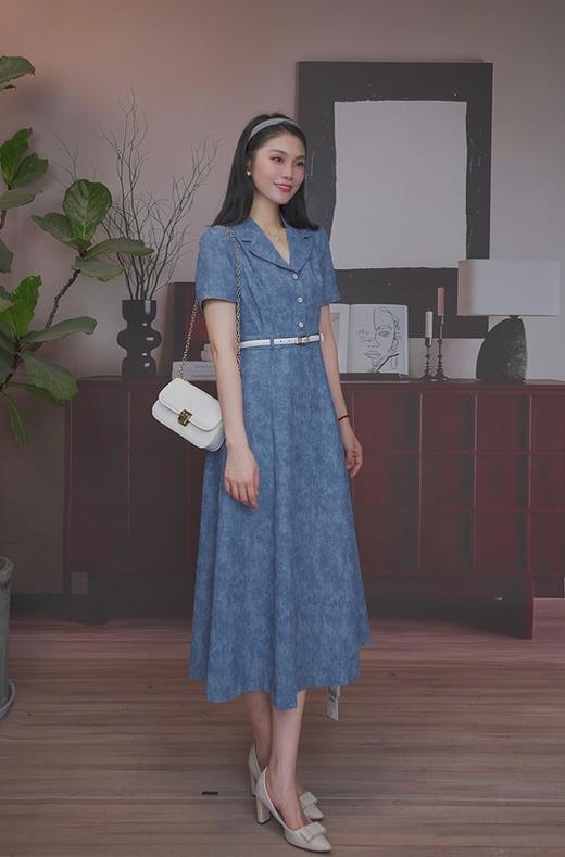 司歌翻领收腰短袖连衣裙A911040X 商品图3