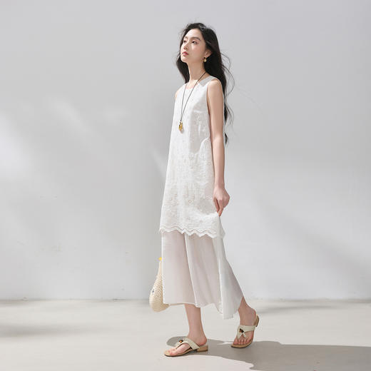 【100棉】三彩2026夏季新款假两件连衣裙绣花无袖长裙M 商品图1