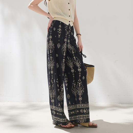 【民族风印花阔腿裤】三彩2026夏季新款休闲裤高腰宽松长裤垂感M 商品图2