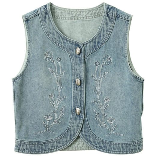 【100棉】三彩2026夏季新款绣花短外套牛仔马甲叠穿开衫圆领M 商品图4