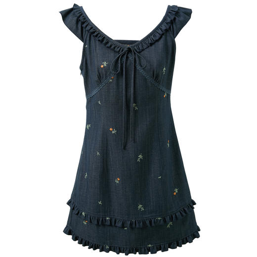 三彩2026夏季新款仿牛仔连衣裙木耳边收腰A字裙短裙M 商品图4