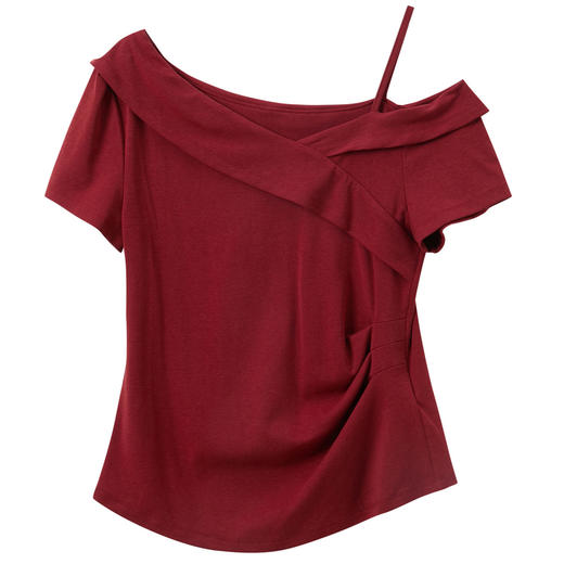 三彩2026夏季新款设计感不对称露肩上衣T恤短袖修身套头衫M 商品图4