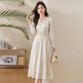 「自」全新升级【铂金会员330/天猫439/差价109】(01540)洛诗琳气质V领钉珠连衣裙女2026新款高级感温柔风收腰长裙