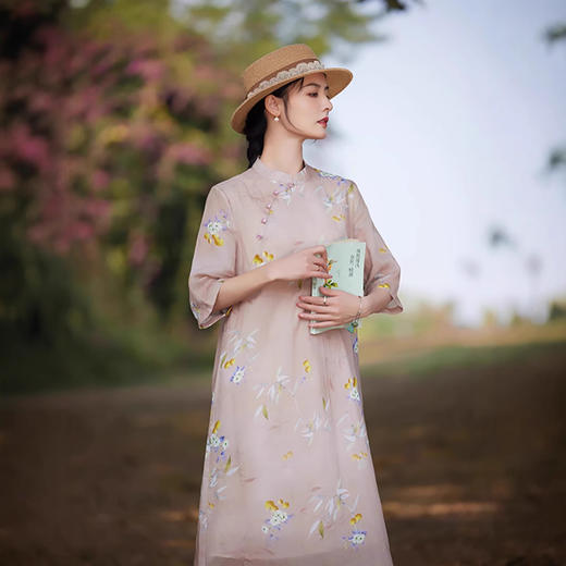 苎麻连衣裙洋气减龄七分袖，立领盘扣印花改良旗袍裙TT-96252 商品图1