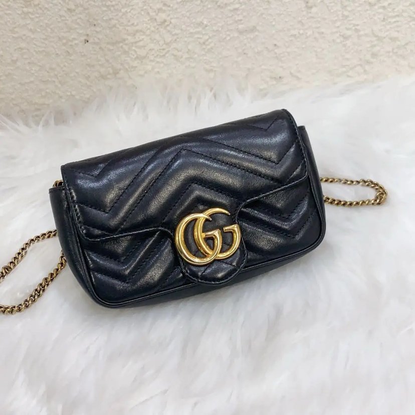 Gucci 双g mini 黑金 牛皮 斜挎包