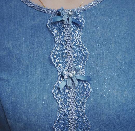 司歌轻薄收腰牛仔连衣裙短袖弹力中长裙A911059X 商品图1