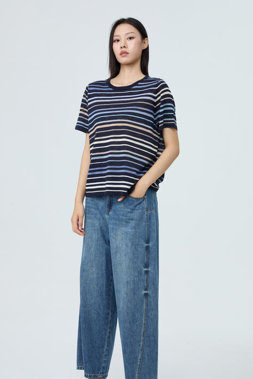 【推荐爆款~】水淼2026夏爆款素雅段染条纹短袖衫2523 商品图1