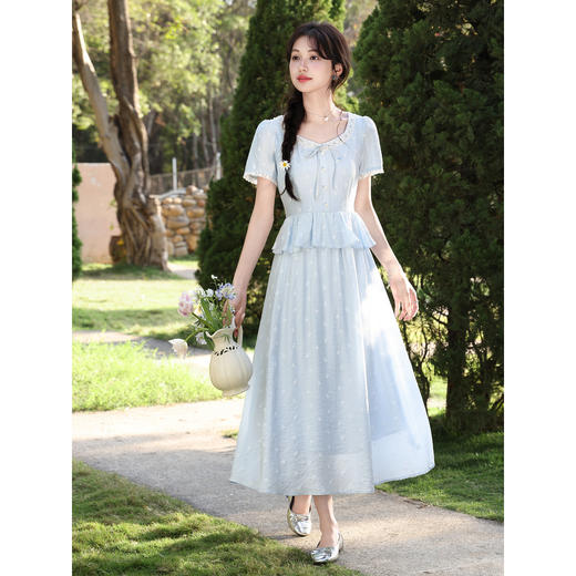 鹿向南「蓝莓气泡水」假两件浅蓝色连衣裙女夏季新款法式度假裙子 商品图1