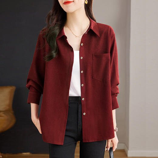 红色灯芯绒衬衫女春季2026新款上衣高级时尚洋气开衫外套女士衬衣 商品图0