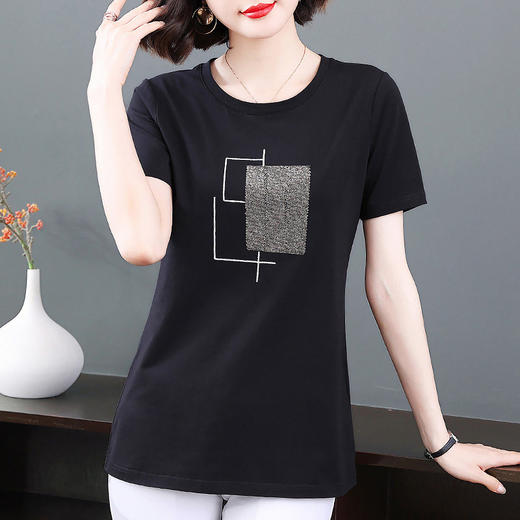 黑色纯棉短袖t恤女夏季新款宽松大码女装夏装圆领中长款上衣百搭 商品图2