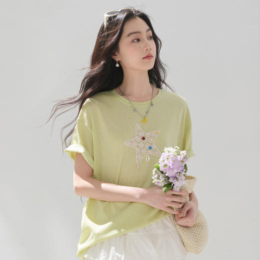 三彩2026夏季新款减龄星星花边贝壳T恤简约宽松落肩袖套头衫M 商品图2
