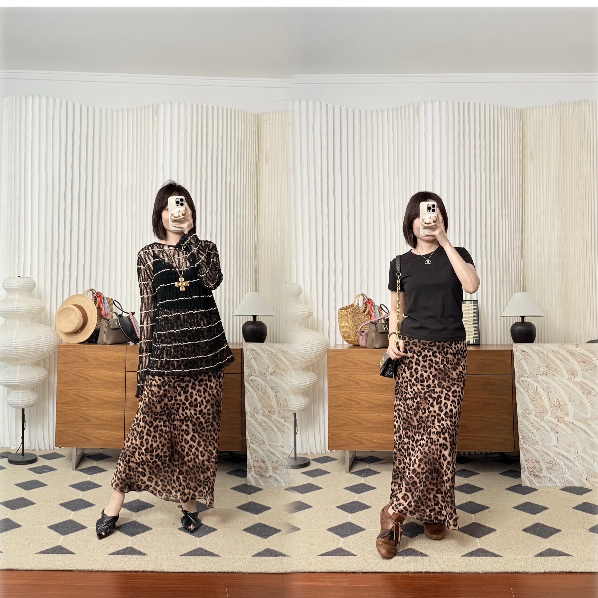 上行之美 90年代经典时髦豹纹 桑蚕丝混纺豹纹半裙 隐形橡筋腰头斜裁微A版型长半裙 梨形福音半裙