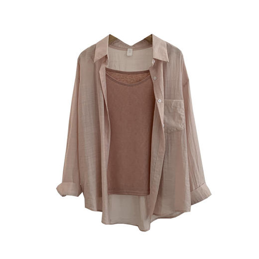 【宽松版型舒适、纯色设计百搭】夏季薄款翻领长袖纯色宽松衬衫吊带上衣TA 商品图4