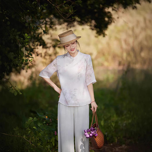 中国风复古小众独特设计立领盘扣，新中式衬衫苎麻印花宽松上衣TT-96311 商品图2