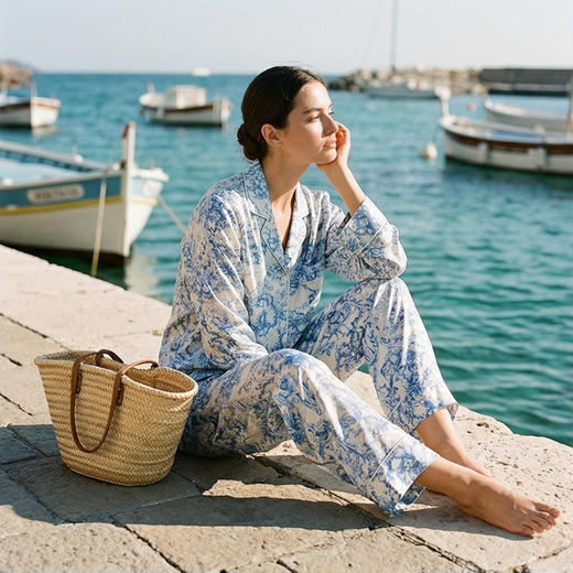 【岚风入梦bleu et blanc】soie jardin3#蓝牡丹蓝色印花桑蚕丝女睡衣套装两件套桑蚕丝家居服S322TC 商品图10