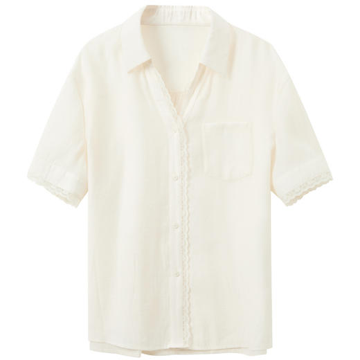 三彩2026夏季新款花边拼接衬衫翻领中袖衬衣宽松上衣S 商品图4