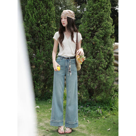 鹿向南「南法假日」毛边蓝色阔腿牛仔裤女夏新款宽松百搭显瘦长裤 商品图2