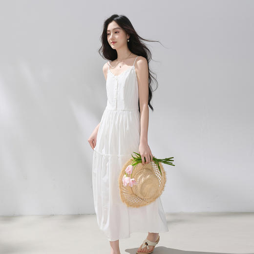【100棉】三彩2026夏季新款无袖小白裙连衣裙收腰吊带长裙M 商品图3