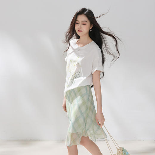 三彩2026夏季新款清新印花T恤宽松落肩袖圆领套头衫上衣休闲M 商品图3