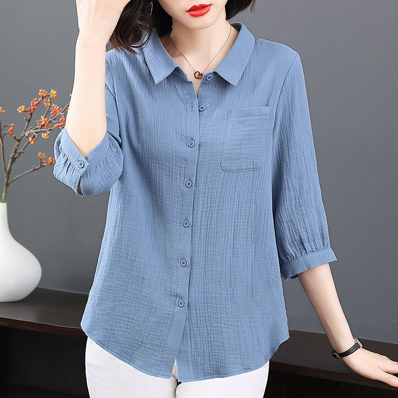 中袖七分袖上衣女纯棉衬衫春秋2026新款女装宽松休闲女士衬衣薄款