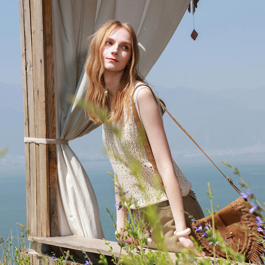 三彩2026夏季新款波西米亚镂空针织衫无袖毛衫圆领套头上衣M 商品图2