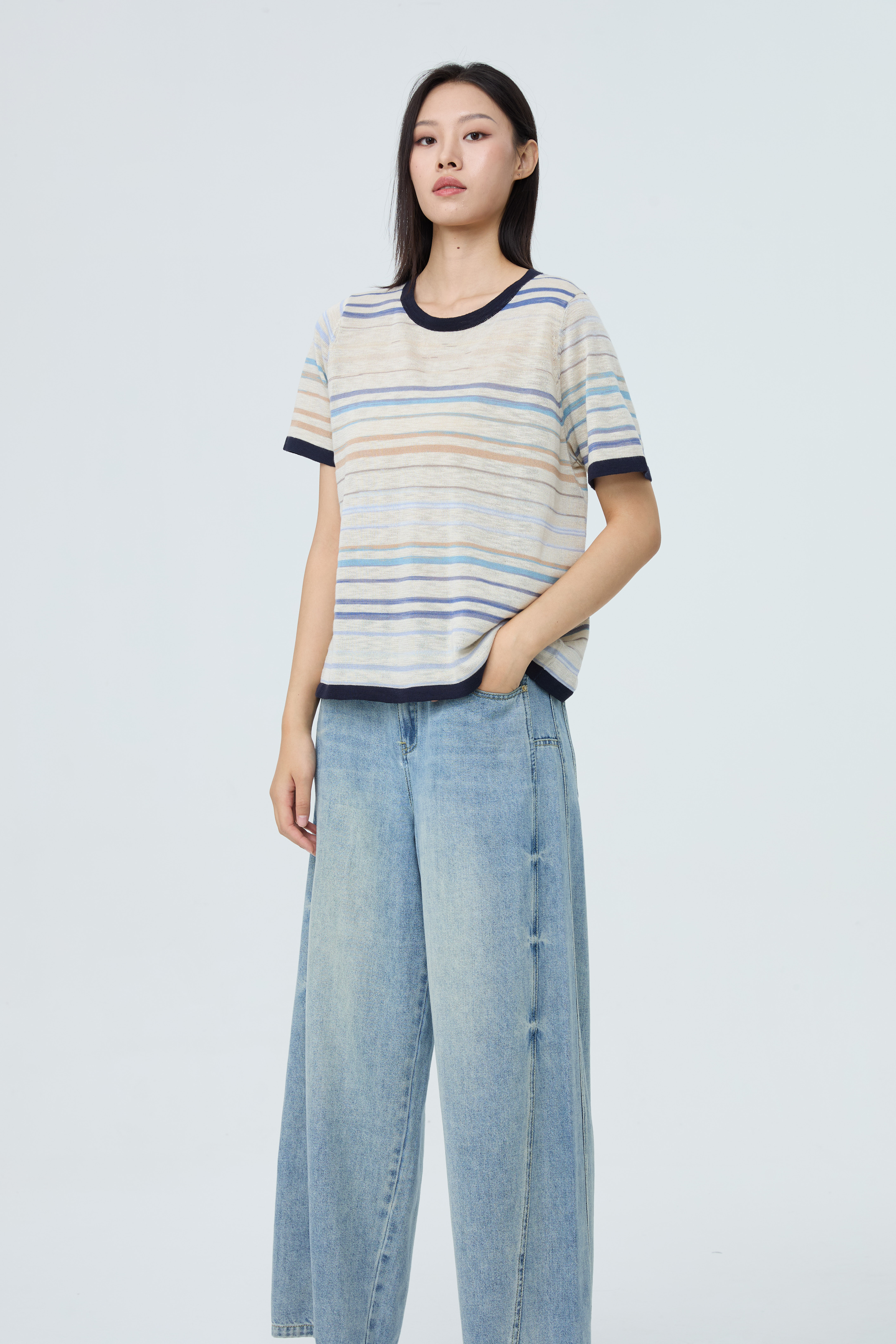 【推荐爆款~】水淼2026夏爆款素雅段染条纹短袖衫2523