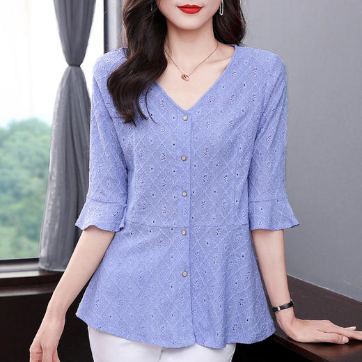 大码女装V领蕾丝上衣女春夏季2026年新款小衫中袖七分袖女士衬衫 商品图2