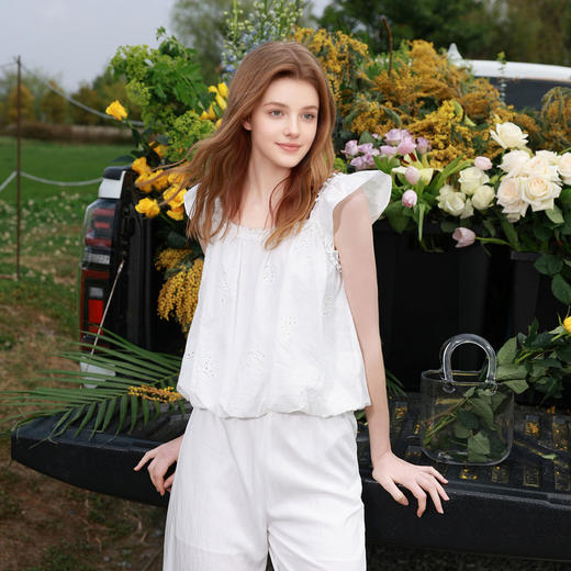 【100棉】三彩2026夏季新款镂空绣花小衫花苞上衣甜美M 商品图1