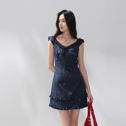 三彩2026夏季新款仿牛仔连衣裙木耳边收腰A字裙短裙M 商品图1