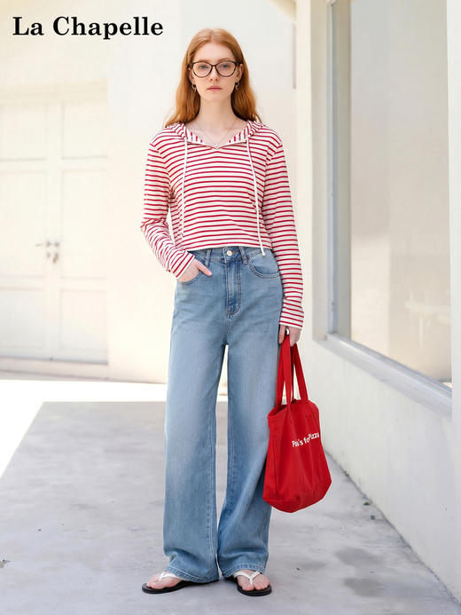 天猫同步【丝滑、垂顺牛仔】拉夏贝尔/La Chapelle通勤显瘦单扣后腰撞色标简约设计感微弹直筒牛仔裤 商品图2