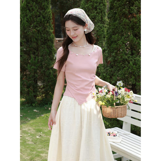 鹿向南「粉屿星眠」粉色圆领短袖T恤夏季新款显瘦百搭气质上衣女 商品图3