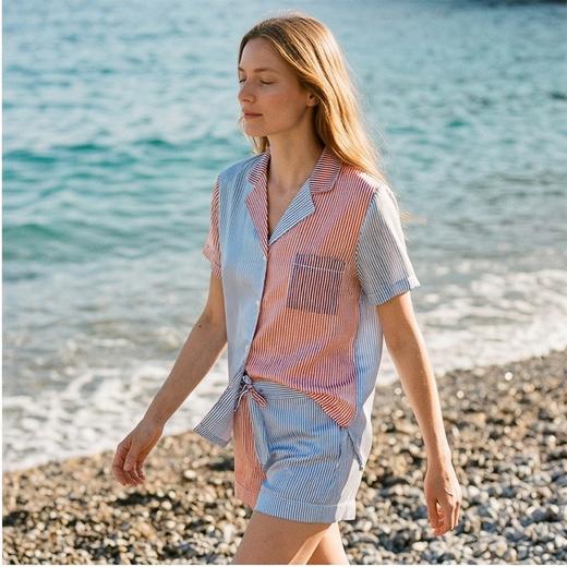 南法SJD/soie jardin3#彩色条纹桑蚕丝睡衣两件套短袖短裤印花拼接家居服 S302TD98 商品图4