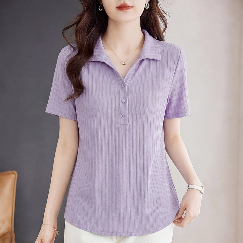 Polo领短袖t恤女夏季新款胖mm大码显瘦遮肉气质宽松女士翻领上衣