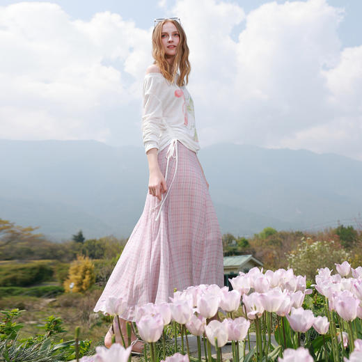 三彩2026夏季新款高腰半身裙格纹印花雪纺裙大摆长裙A字裙显瘦M 商品图1