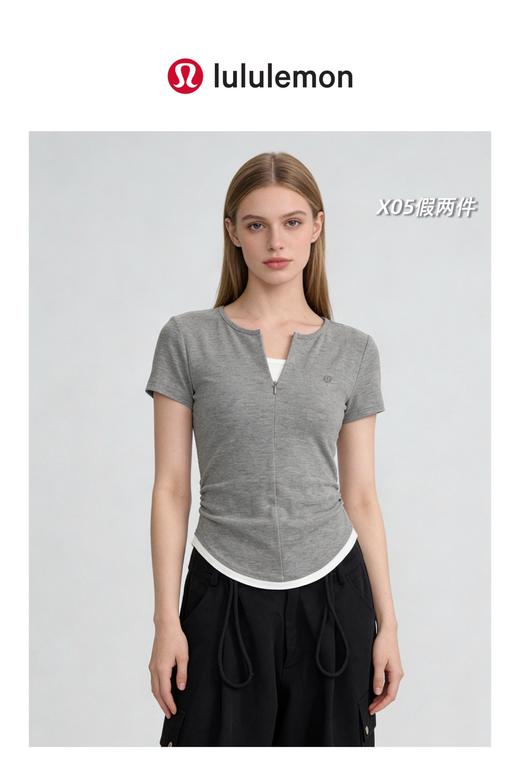 一包2件装，lulu2026夏季新款半拉链假两件褶皱收腰女士短袖T恤 商品图1