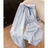 【百搭休闲！舒适亲肤】浅蓝色条纹蝴蝶结印花新上款早春季休闲百搭阔腿裤女高腰长裤。xb 商品缩略图0
