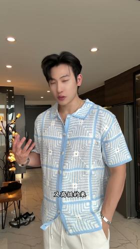 7092SDSA男装2026新款高贵轻奢格纹镂空肌理翻领针织短袖衬衫百搭时尚