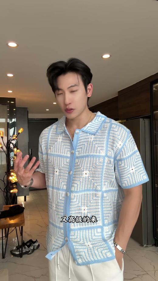 7092SDSA男装2026新款高贵轻奢格纹镂空肌理翻领针织短袖衬衫百搭时尚 商品图0