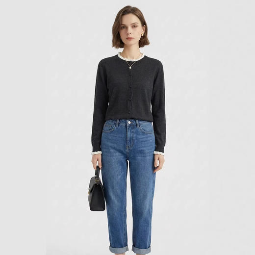 「自」全新升级【铂金会员146/天猫199/差价53】(15355)洛诗琳气质撞色薄款针织开衫2026新款木耳边长袖百搭外套 商品图3