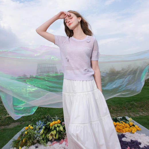 【莱赛尔】三彩2026夏季新款短袖花朵针织衫镂空肌理感套头上衣M 商品图3