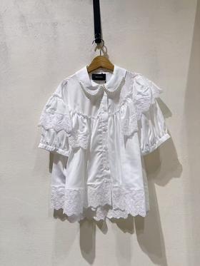 女款木耳边拼接短袖上衣ba