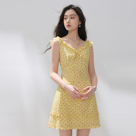 【100棉】三彩2026夏季新款碎花连衣裙木耳边收腰A字裙短裙M 商品图1