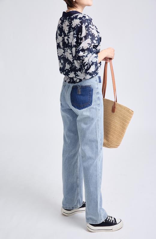 撞色直筒牛仔裤 商品图0