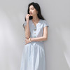 三彩2026夏季新款纯色连衣裙V领收腰A字裙短袖长裙M 商品缩略图1