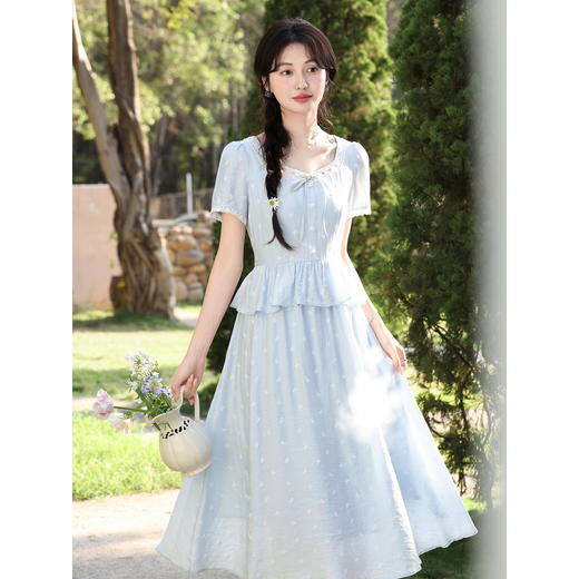 鹿向南「蓝莓气泡水」假两件浅蓝色连衣裙女夏季新款法式度假裙子 商品图2