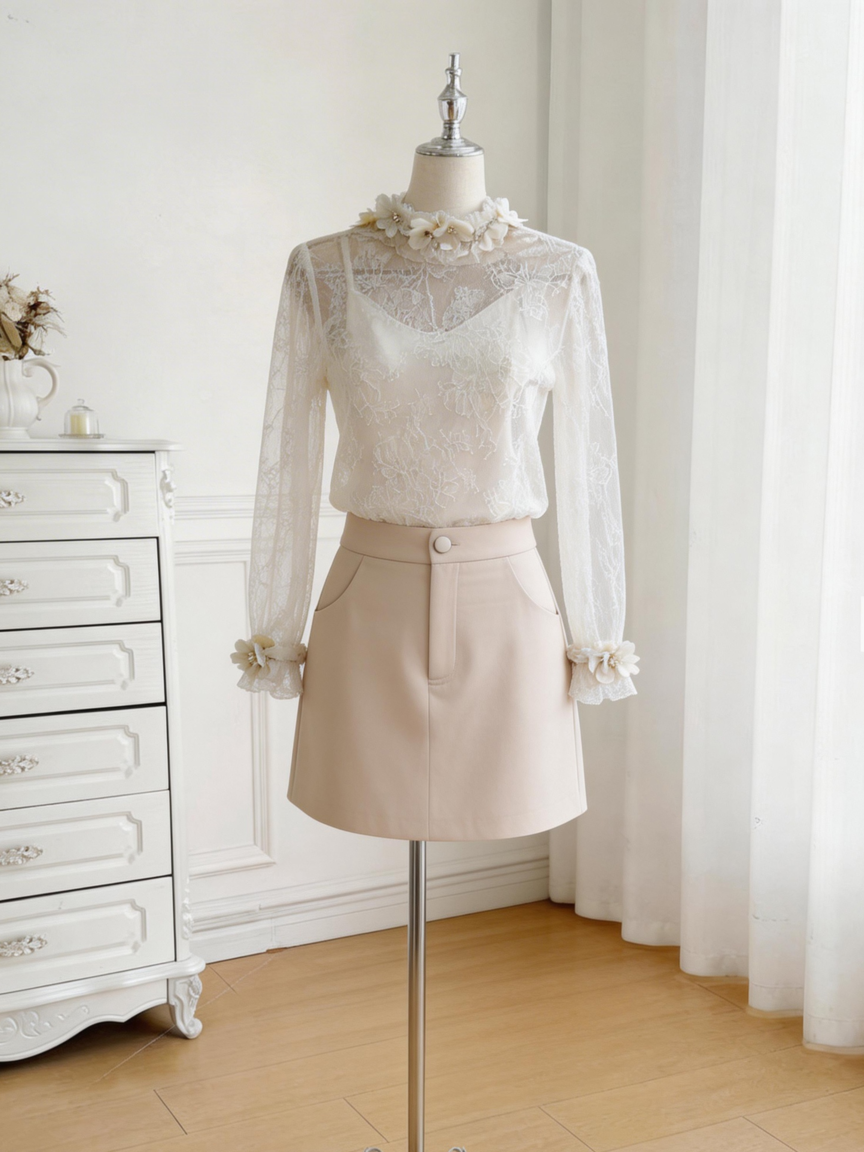 【孤品样衣，不退不换】新中式立领花朵蕾丝小衫&短裙裤