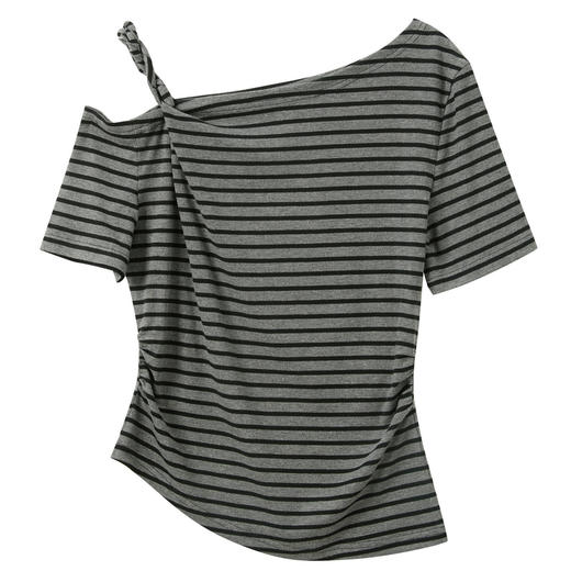 【莱赛尔】三彩2026夏季新款设计感不对称露肩上衣条纹T恤套头衫M 商品图4