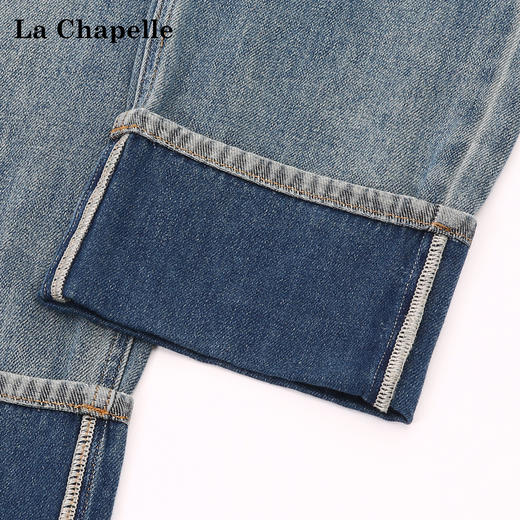 天猫同步【时髦卷边！】拉夏贝尔/La Chapelle梨型显瘦高腰一粒扣裤袢卷边设计棉质九分直筒百搭牛仔裤 商品图2