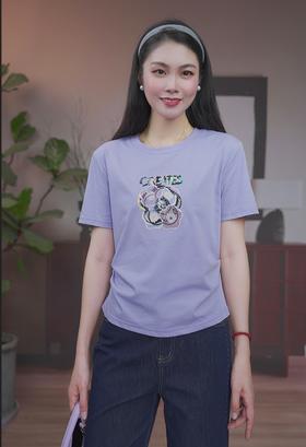 司歌收腰绣花收腰圆领T恤短袖T93G2133