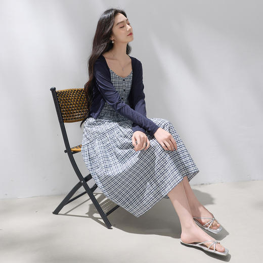三彩2026夏季新款格纹吊带裙套装针织开衫外套中长裙两件套M 商品图2